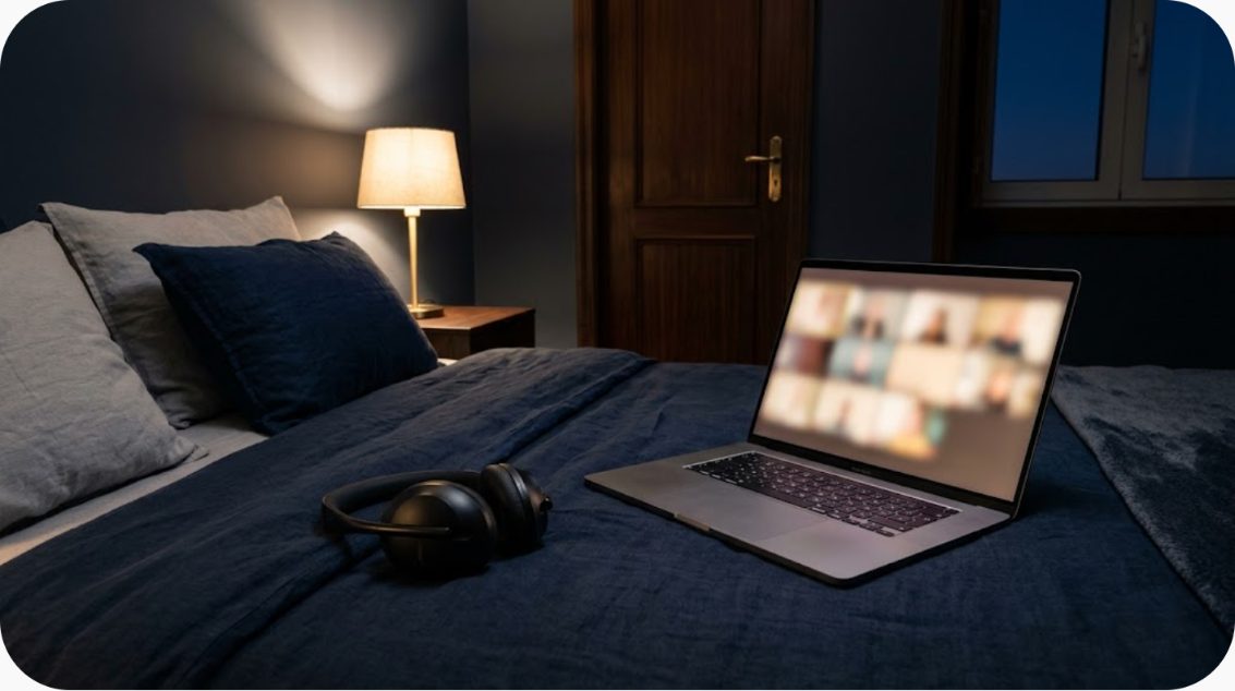 A laptop open on a made bed beside a soft lamp