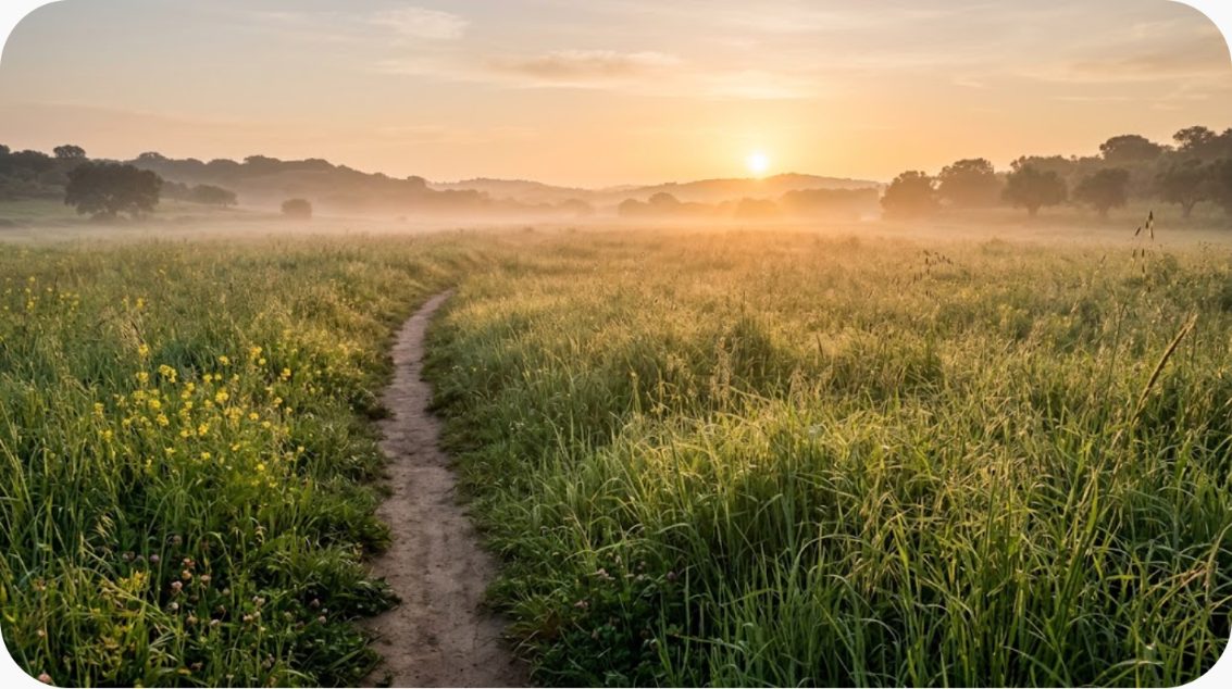 A narrow path worn through tall grass in morning light